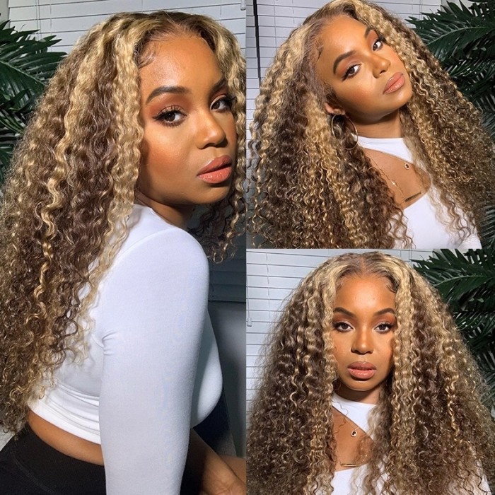 Kriyya Curly Hair Honey Blonde Ombre Highlight Wigs 13x4 Lace Front Human Hair Wigs Pre Plucked 5609